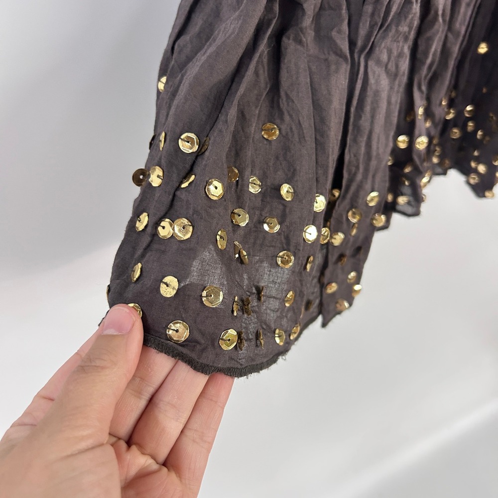 Boho Tiered Midi Skirt Small Earthy Brown Cotton Gold Sequin Fairycore Festival - Picture 3 of 10